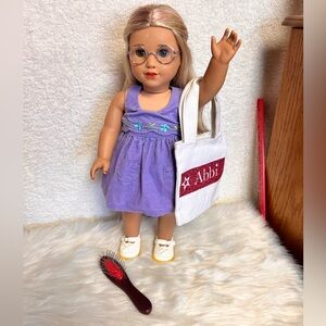 American Girl Doll with Lavender Embroidered Dress with White 'Abbi' Tote